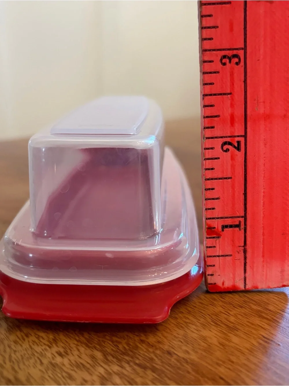TWO Vintage 0477 Rubbermaid Standard Plastic Butter Dishes Red Almond w/ Lids